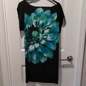 Bisou Bisou Black Midi Dress with Vibrant Blue Floral
